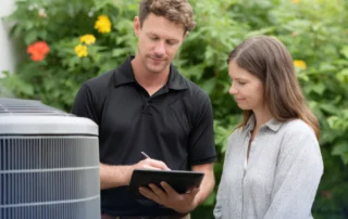 HVAC system installation in a Rhode Island home showing technician setting up heating and cooling equipment