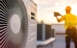 HVAC technician inspecting and repairing heating and cooling system for a home in Warwick Rhode Island