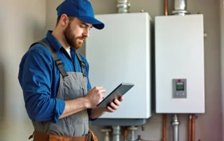 Certified HVAC contractor reviewing system compliance and licensing requirements while inspecting heating and cooling equipment in Warwick