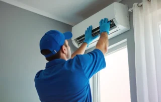 HVAC technician installing a central air conditioning system in a Warwick Rhode Island home for efficient cooling