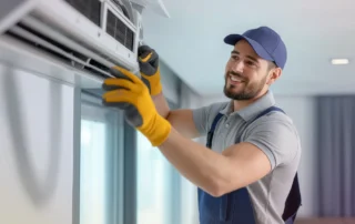 An HVAC technician expertly installs a sleek, modern air conditioning unit into a home.