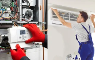 Various modern HVAC systems and components displayed in a clean, informative showroom environment.