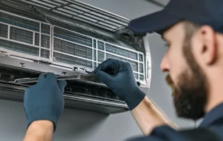 A skilled technician performing heating and cooling services in a residential home