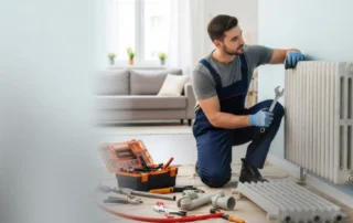 A technician performing a heating system installation in a residential home