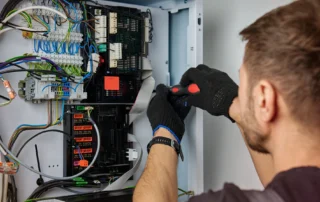 Technician performing residential HVAC repair to restore home comfort